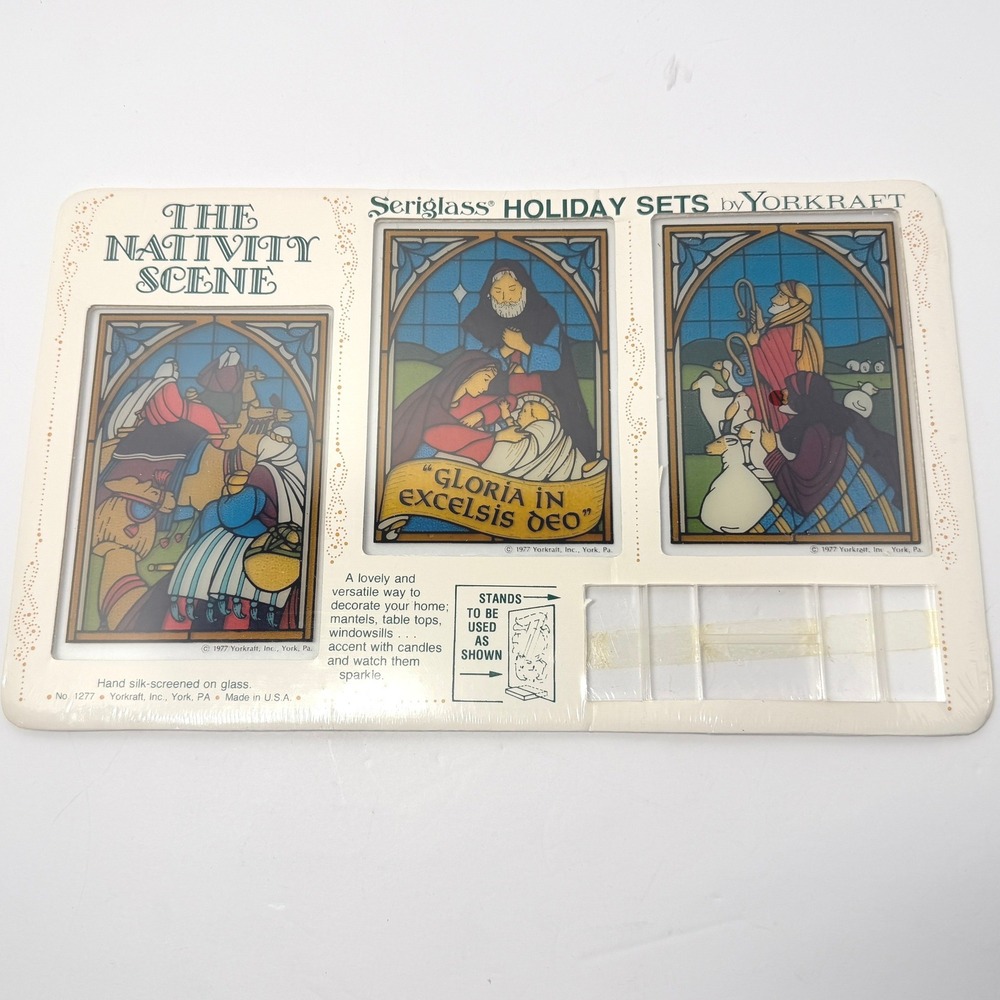 Vintage 1977 Yorkraft Seriglass Nativity Scene Hand Silk Screen Glass Set 1277